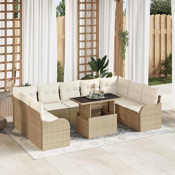 vidaXL Súprava záhradných pohoviek s vankúšom 10 pcs Béžová Poly ratan