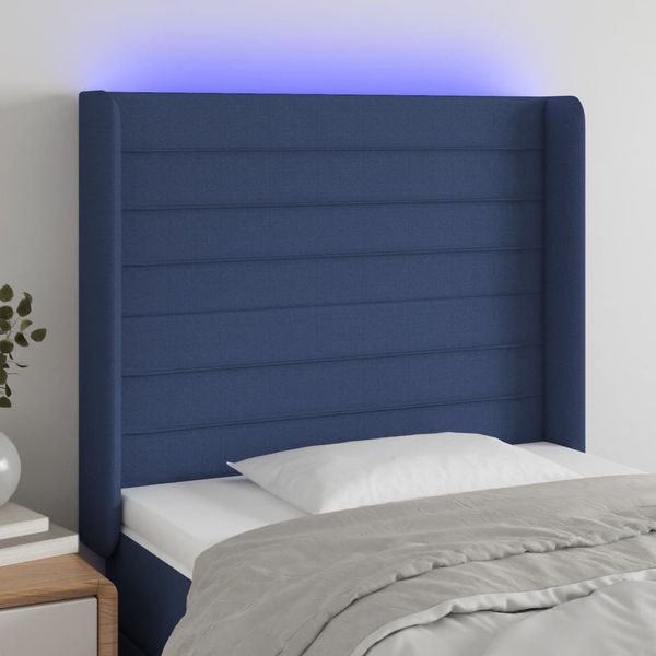 vidaXL Čelo postele s LED modré 93x16x118/128 cm látka
