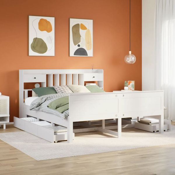 vidaXL Posteľ s knižnicou bez matraca biela 180x200cm borovicový masív