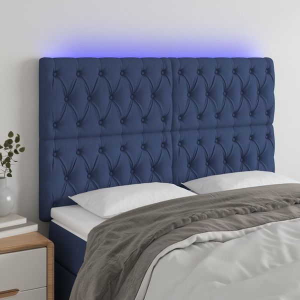 vidaXL Čelo postele s LED modré 160x7x118/128 cm látka
