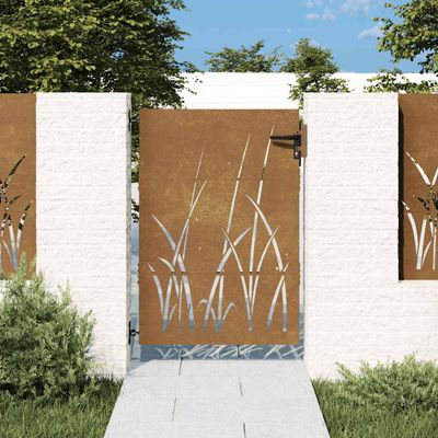 vidaXL Záhradná brána 85x125 cm, oceľ Corten, dizajn s trávou