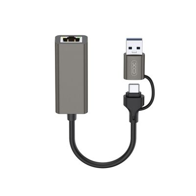 XO adaptér HUB HUB018 2v1 USB-USB-C - RJ45 sivý