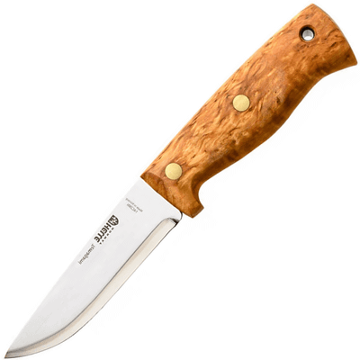 Helle HE-201300 Temagami 14C28N bushcraft nôž 11 cm, drevo kučeravej brezy, kožené puzdro