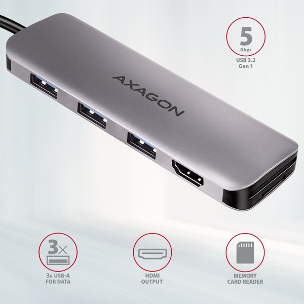 AXAGON HMC-HCR3A, USB 3.2 Gen 1 hub, porty 3x USB-A, HDMI 4k/30Hz, SD/microSD, kábel USB-C 20cm Replikátor portu, USB-C na 3x USB 3.0, 1x HDMI, 1x SD slot, 1x microSD slot, striebro-cerný