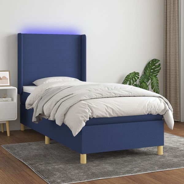 vidaXL Posteľ boxsping s matracom a LED modrá 90x190 cm látka