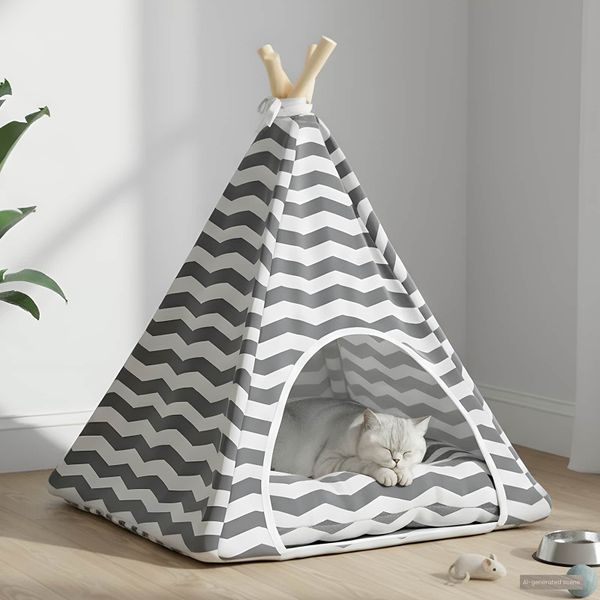vidaXL Psí teepee s vankúšom Biela a šedá 50 x 50 x 60 cm Polyester