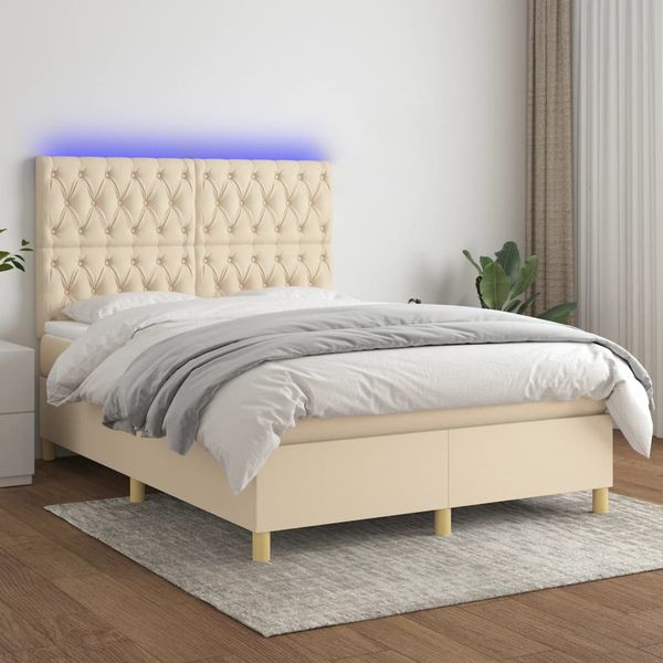 vidaXL Posteľ boxsping s matracom a LED krémová 140x200 cm látka