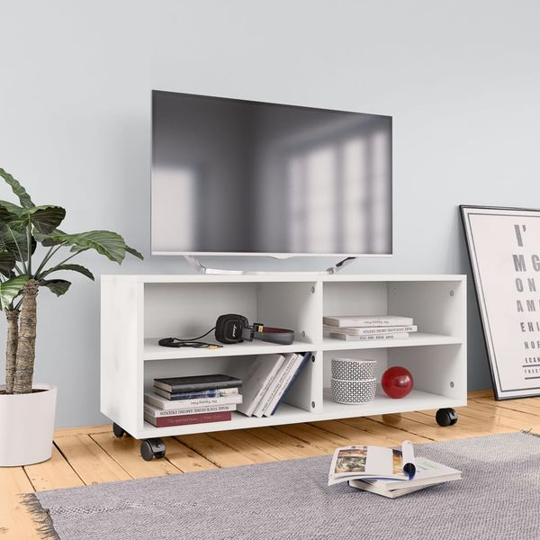 vidaXL TV skrinka s kolieskami, biela 90x35x35 cm, kompozitné drevo