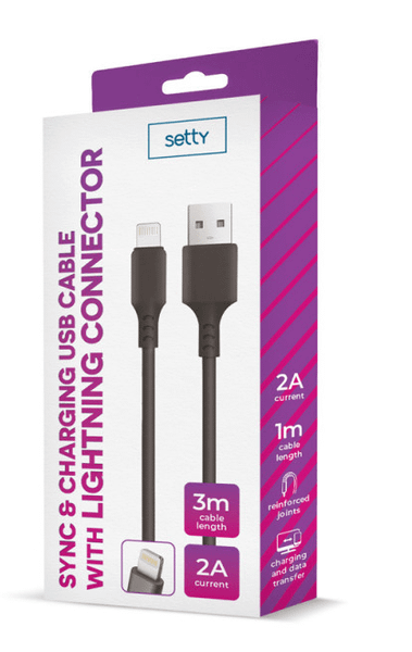 SETTY USB lightning kábel 3m 2A (GSM109950) čierna