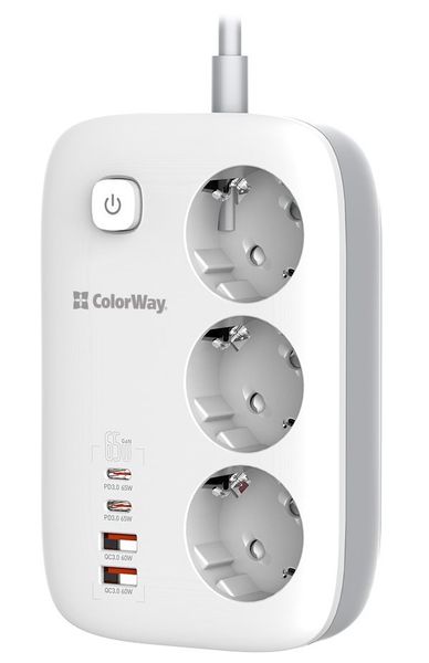 COLORWAY Predlžovací napájací prívod/ 3x Schuko/ 2x USB-A 60W/ 2x USB-C 65W/ kábel 2m Kábel, predlžovací, napájací, 3× Schuko zásuvka, 2× USB, 2× USB-C, 2m, biely