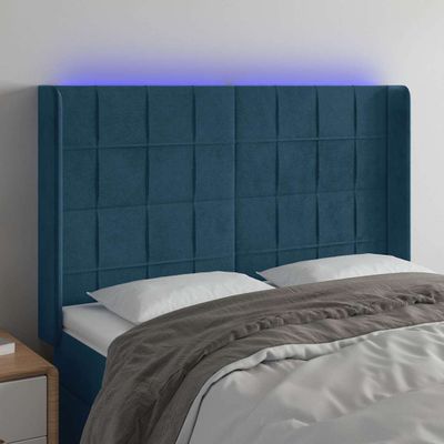 vidaXL Čelo postele s LED tmavomodré 147x16x118/128 cm zamat