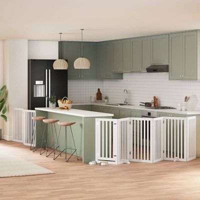 vidaXL Brána pre psa s dverami sklad. 9pan. biela 450cm topoľové drevo