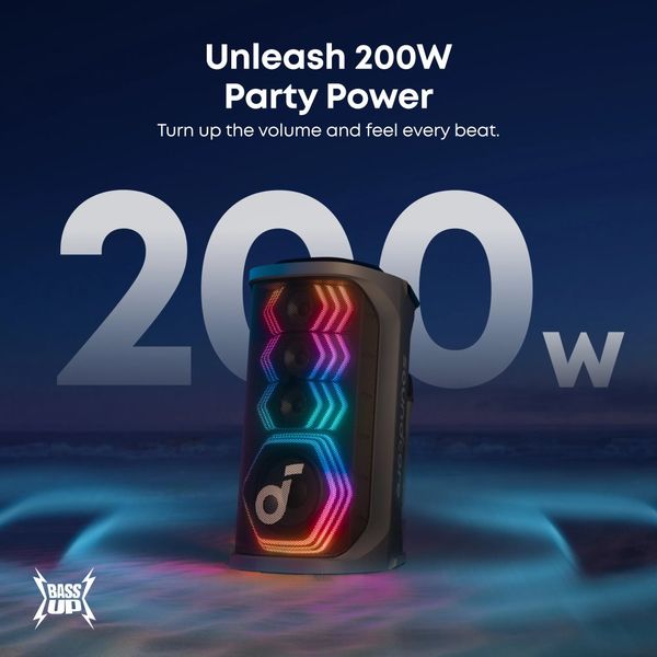 Anker Soundcore Rave 3S/ reproduktor/ Bluetooth/ 200W/ 6,55" woofer/ 2x mikrofon/ černý Bluetooth reproduktor, 200 W, 108 dB, AI Vocal Removal, karaoke, 2× bezdrátový mikrofon, BassUp, Auracast, IPX4, 12 h