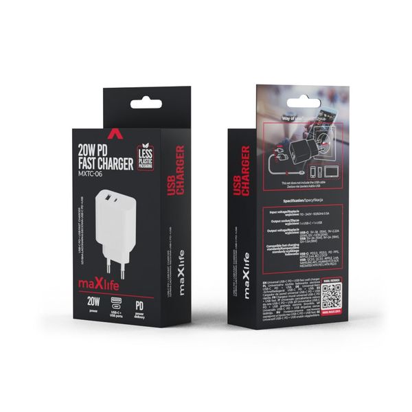 Maxlife MXTC-06 nabíjačka PD QC 1x USB-C 1x USB 20W biela (OEM0101138)