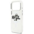 Puzdro Karl Lagerfeld Magsafe IML trblietavé puzdro s kovovým rámom fotoaparátu a tlačidlami a logom Karl a Choupette sketch pre iPhone 17 Pro číra