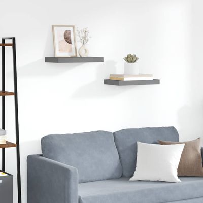 vidaXL Plávajúce nástenné police 2 ks, lesklé sivé 40x23x3,8 cm, MDF
