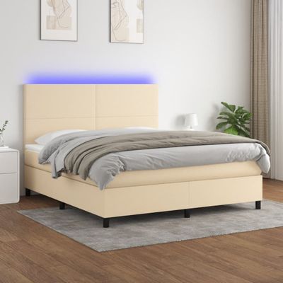 vidaXL Posteľ boxsping s matracom a LED krémová 180x200 cm látka