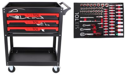 Dielenský vozík s náradím MECHANIC TROLLEY JASON 80, 3 zásuvky, 1 polica, 80 ks náradia SIXTOL