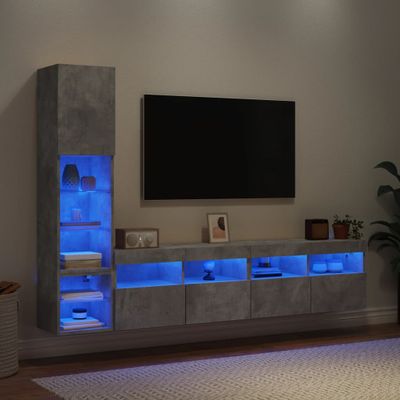 vidaXL 4-dielne TV nástenné skrinky s LED betónovo sivé kompozit.drevo