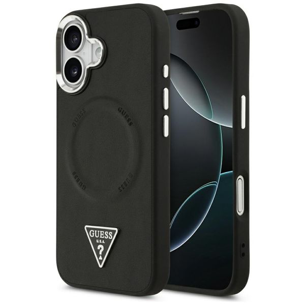 Guess Case Magsafe PU kožené puzdro s trojuholníkovým logom Strieborný kovový rám fotoaparátu pre iPhone 17 čierna