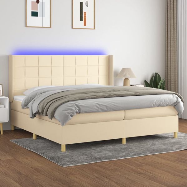 vidaXL Posteľ boxsping s matracom a LED krémová 200x200 cm látka