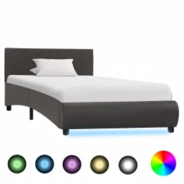 vidaXL Posteľný rám s LED, sivý, umelá koža 100x200 cm