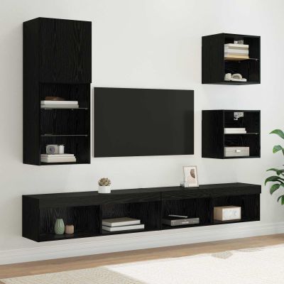 vidaXL TV nástenné jednotky s LED 5 pcs Čierny dub Kompozitné drevo