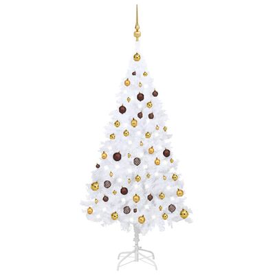 vidaXL Osvetlený umelý vianočný stromček s guľami, biely 150 cm, PVC