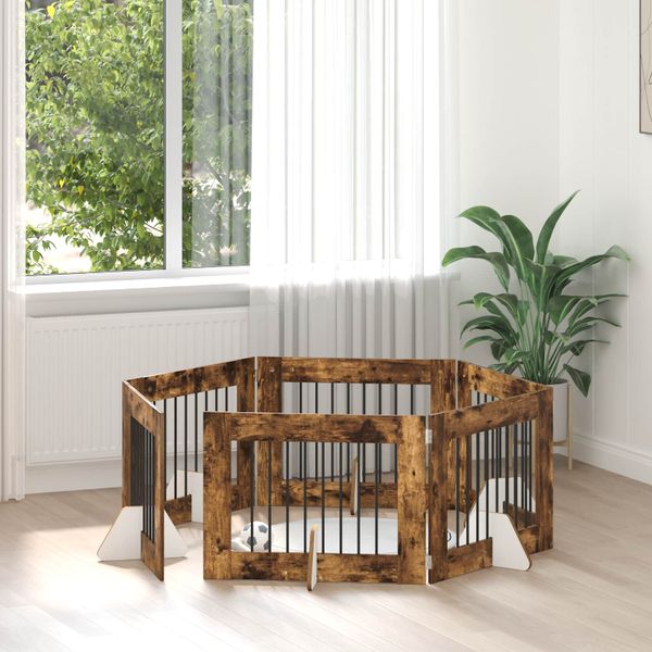 vidaXL Brána pre psov so stojanmi 6 pcs Dymový dub 80 x 60 cm