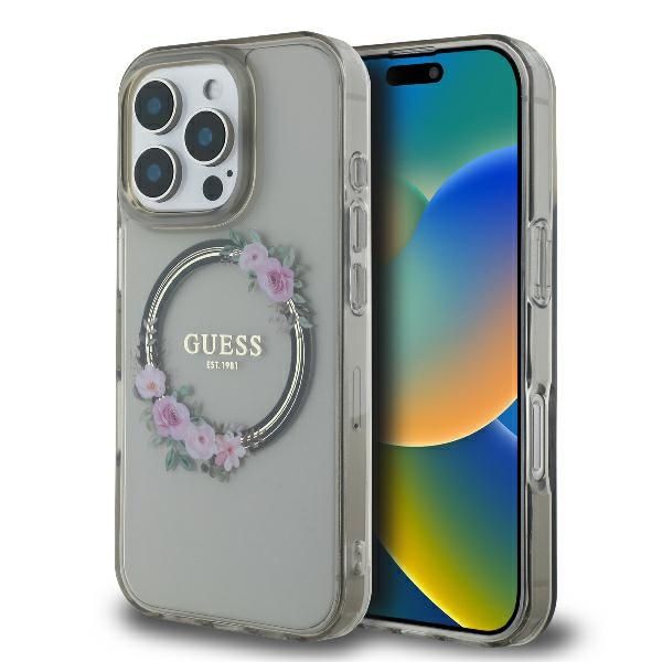 Puzdro Guess pre iPhone 16 Pro 6,3" GUHMP16LHFWFCK IML Flowers Wreath čierne MagSafe