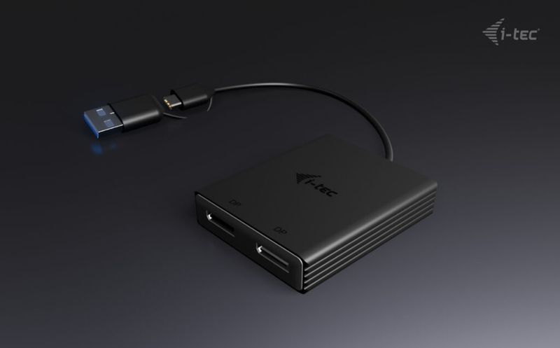 i-tec USB-A/USB-C Dual 4K DP Video Adapter Adaptér, USB-A/USB-C na 2× DisplayPort, 4K, čierny, kompatibilný s Thunderbolt 3/4