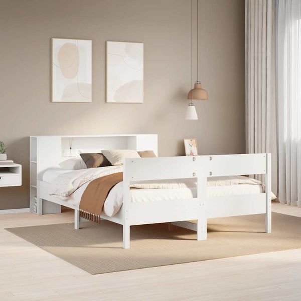 vidaXL Posteľ s knižnicou bez matraca biela 150x200cm borovicový masív