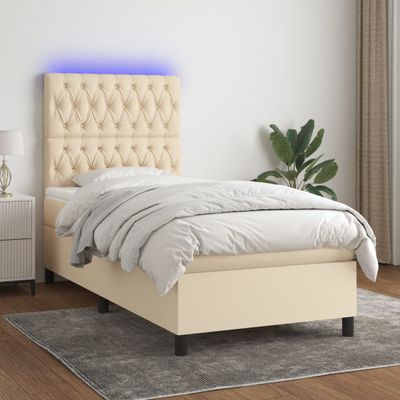 vidaXL Posteľ boxsping s matracom a LED krémová 90x200 cm látka