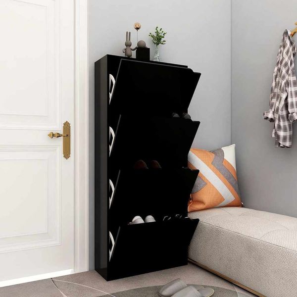vidaXL Botník so 4 dvierkami čierny 59x24x136 cm drevotrieska