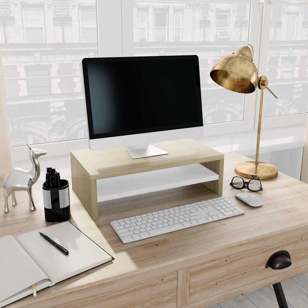 vidaXL Stojan na monitor biely a farby dubu sonoma 42x24x13 cm drevotrieska