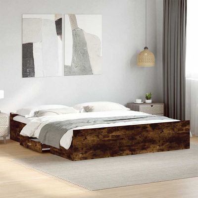 vidaXL Posteľný rám so zásuvkami dymový dub 200x200cm kompozitné drevo