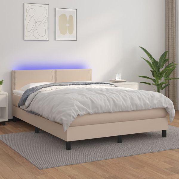 vidaXL Boxspring posteľ matrac a LED kapučínová 140x190 cm umelá koža