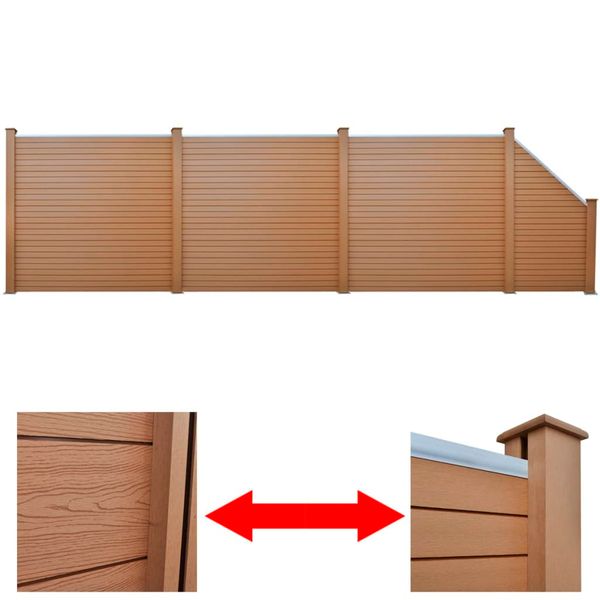 vidaXL Záhradný plot, 3 štvorcové + 1 šikmý panel, WPC 679 cm, hnedý