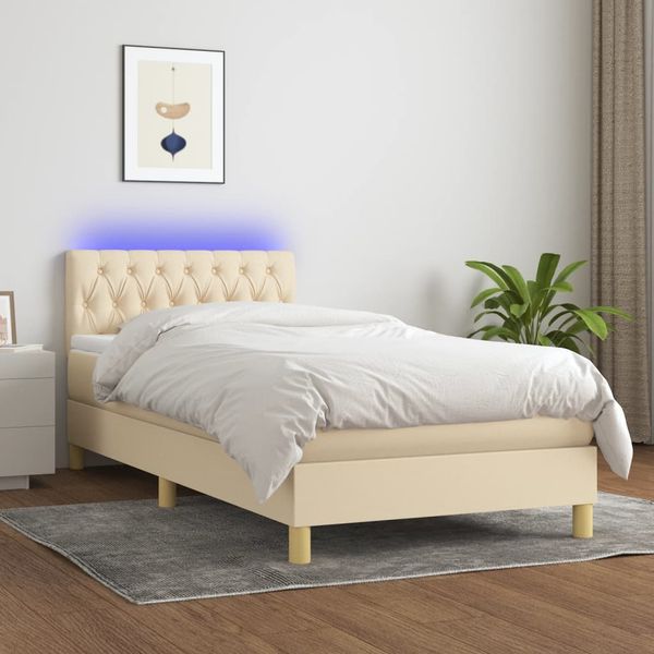 vidaXL Posteľ boxsping s matracom a LED krémová 90x190 cm látka