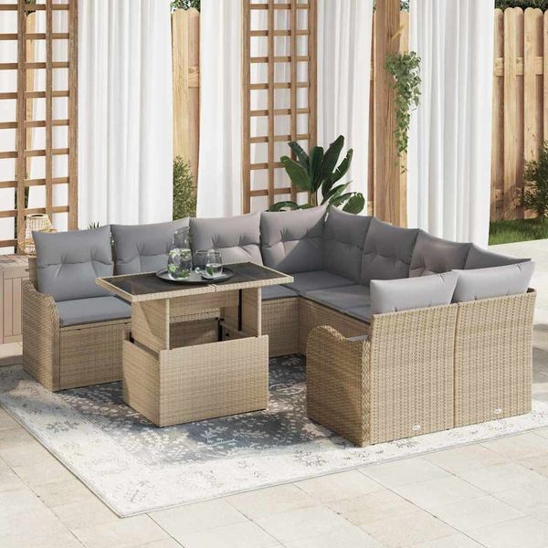 vidaXL Súprava záhradných pohoviek s vankúšom 9 pcs Béžová Poly ratan