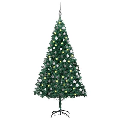 vidaXL Osvetlený umelý vianočný stromček s guľami, zelený 180 cm, PVC