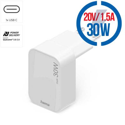 HAMA GaN, Rýchlonabíjačka, 1x USB-C PD/QC, 30W, bi