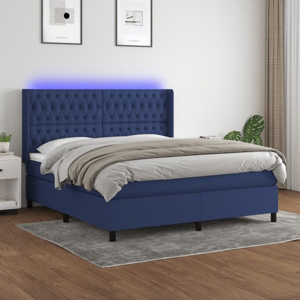 vidaXL Posteľ boxsping s matracom a LED modrá 180x200 cm látka