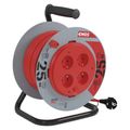 Predlžovací kábel EMOS P19425P na bubne 25 m / 4 zásuvky / červený / PVC / 230 V / 1,5 mm2