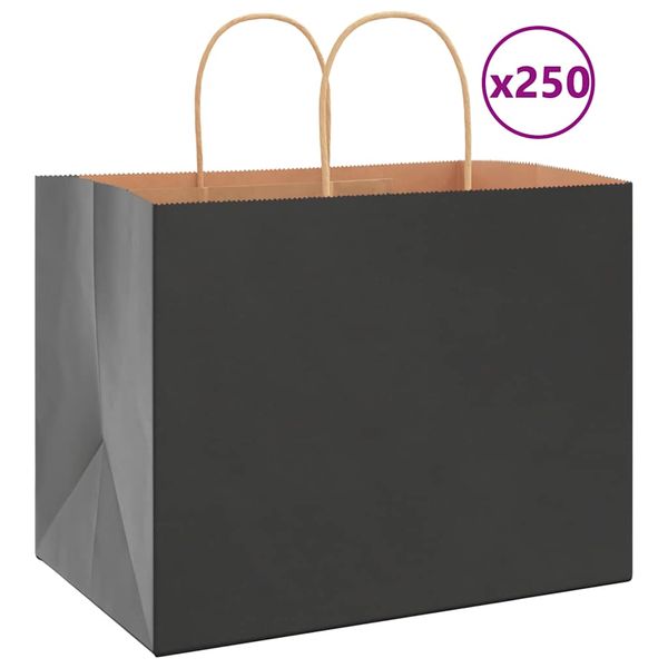 vidaXL Papierové tašky 250 ks s rúčkami, čierna, 32x22x24 cm