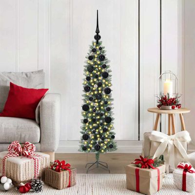 vidaXL Umelý chudý vianočný strom s 150 LED-i Zelená a biela 120 cm