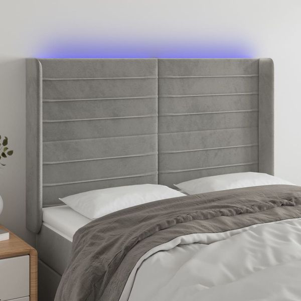 vidaXL Čelo postele s LED bledosivé 147x16x118/128 cm zamat