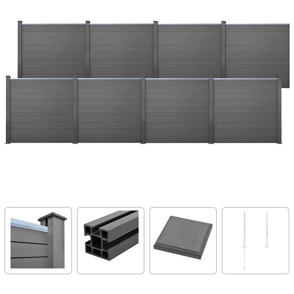 vidaXL Plotová sada 8 štvorcov drevoplast 1401x187 cm sivá