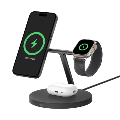 Belkin BOOST CHARGE PRO Qi2, 15W 3v1 stojan s Apple Watch fast charge, čierny