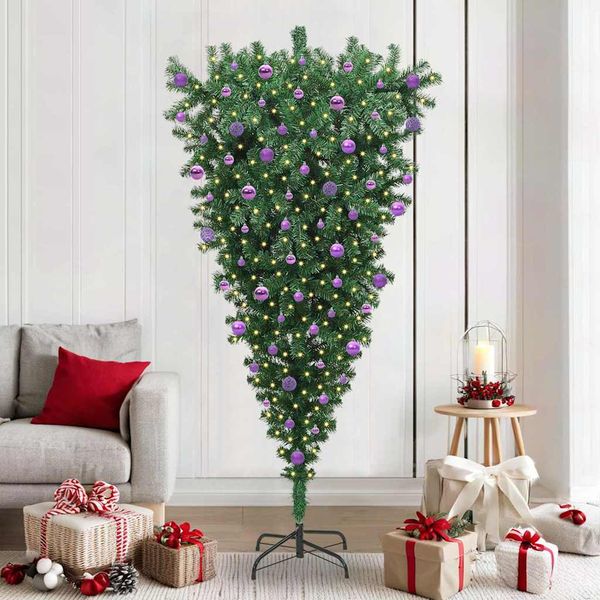 vidaXL Obrátený umelý predsvietený vianočný stromček s guľami 210 cm